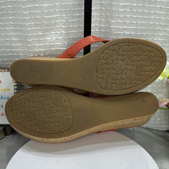 (E3) COACH GEORGINA Women's Orange Cork Wedge Sandals,Sz 9B, Embossed C- Leather - Picture 9 of 13